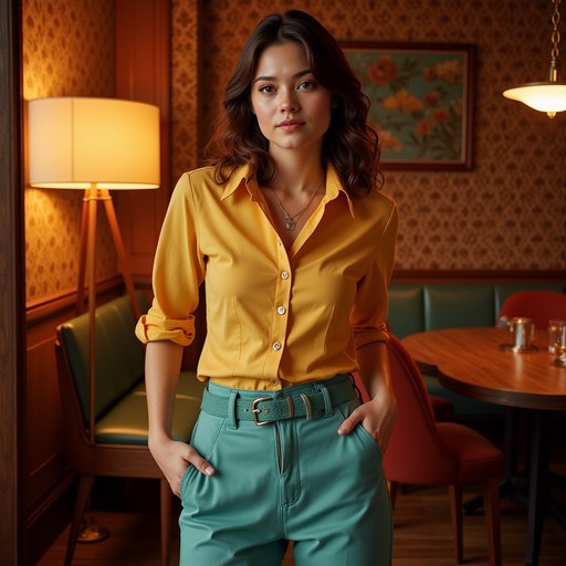 Mustard Shirt and Teal Leather Trousers for a Retro Statement Mustard Shirt and Teal Leather Trousers for a Retro Statement — 70s Outfits