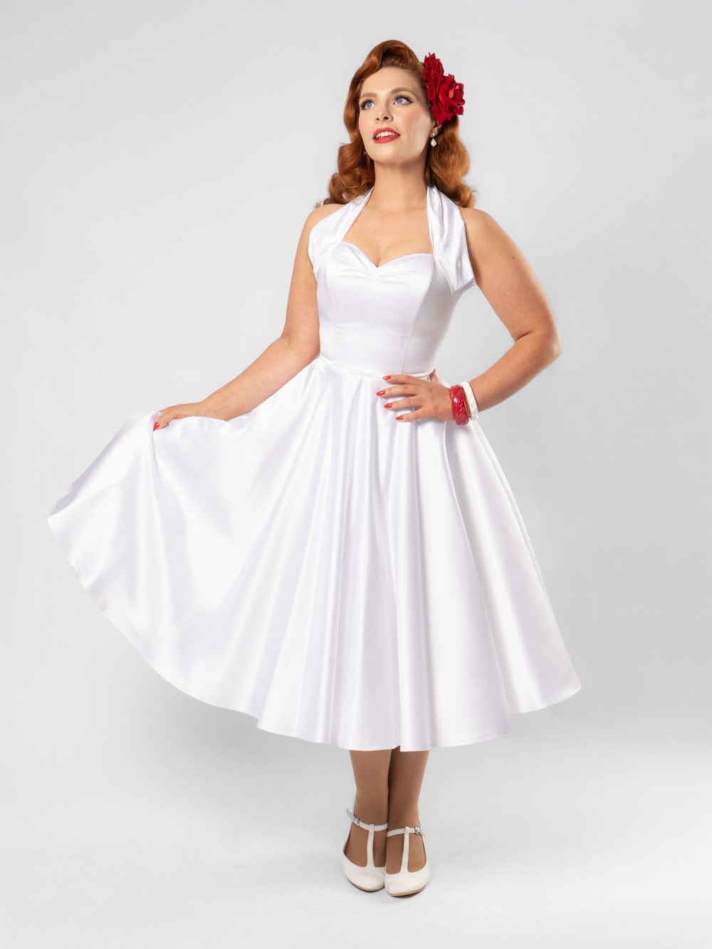 Evening Elegance: White Satin Halterneck Dress Evening Elegance: White Satin Halterneck Dress — 50s Outfits