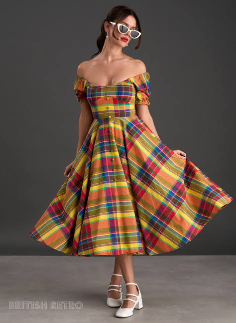 Vibrant Plaid Statement: Off-the-Shoulder Midi Vibrant Plaid Statement: Off-the-Shoulder Midi — 50s Outfits