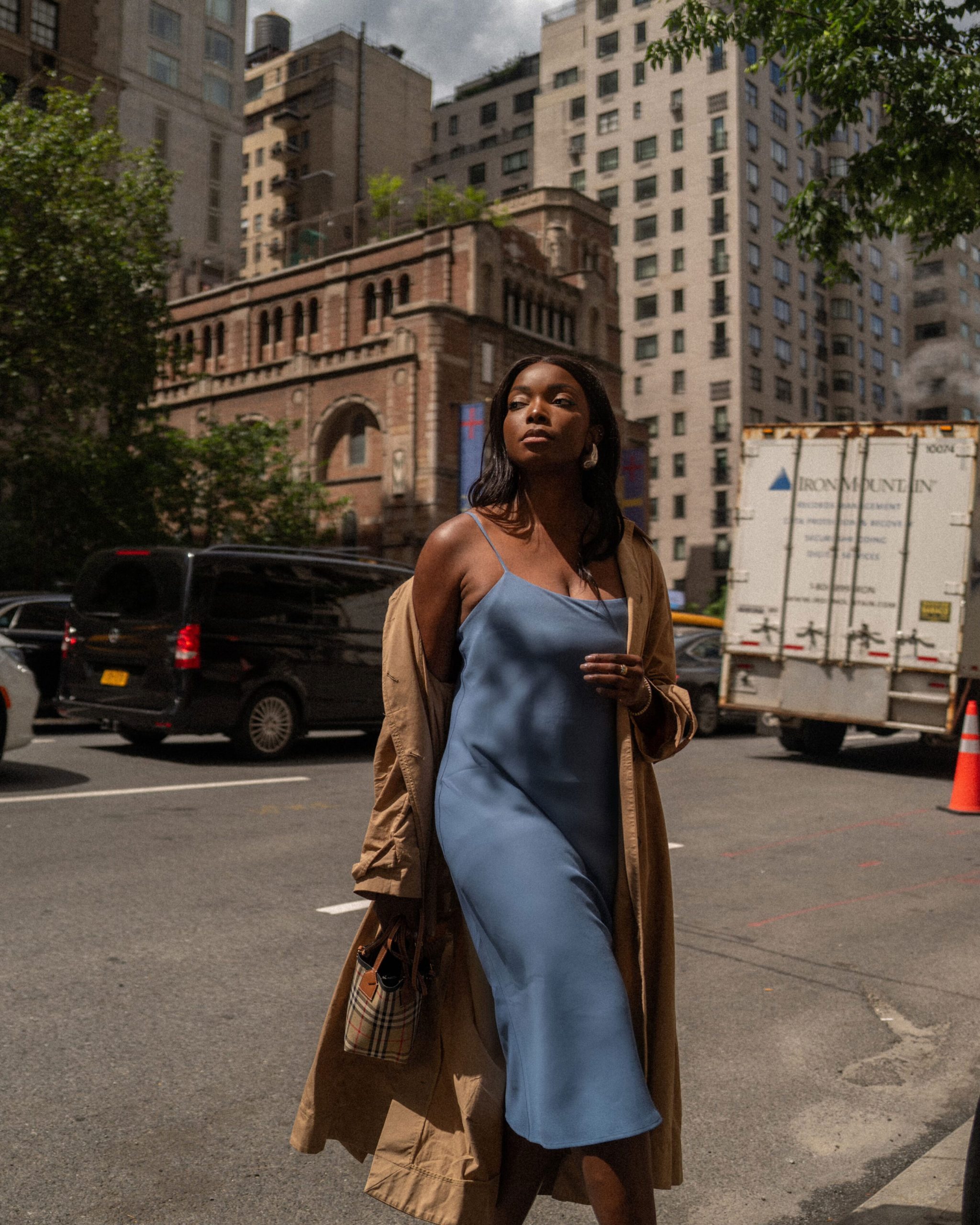 Chic Trench Coat Over a Satin Slip Dress — Decades Day Outfits