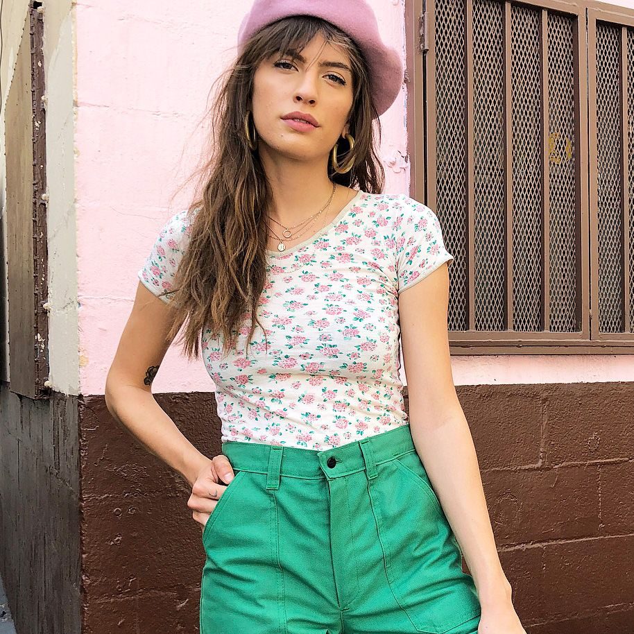 Playful Palette: Floral Top, Green Trousers, and Pink Beret — Vintage Outfits