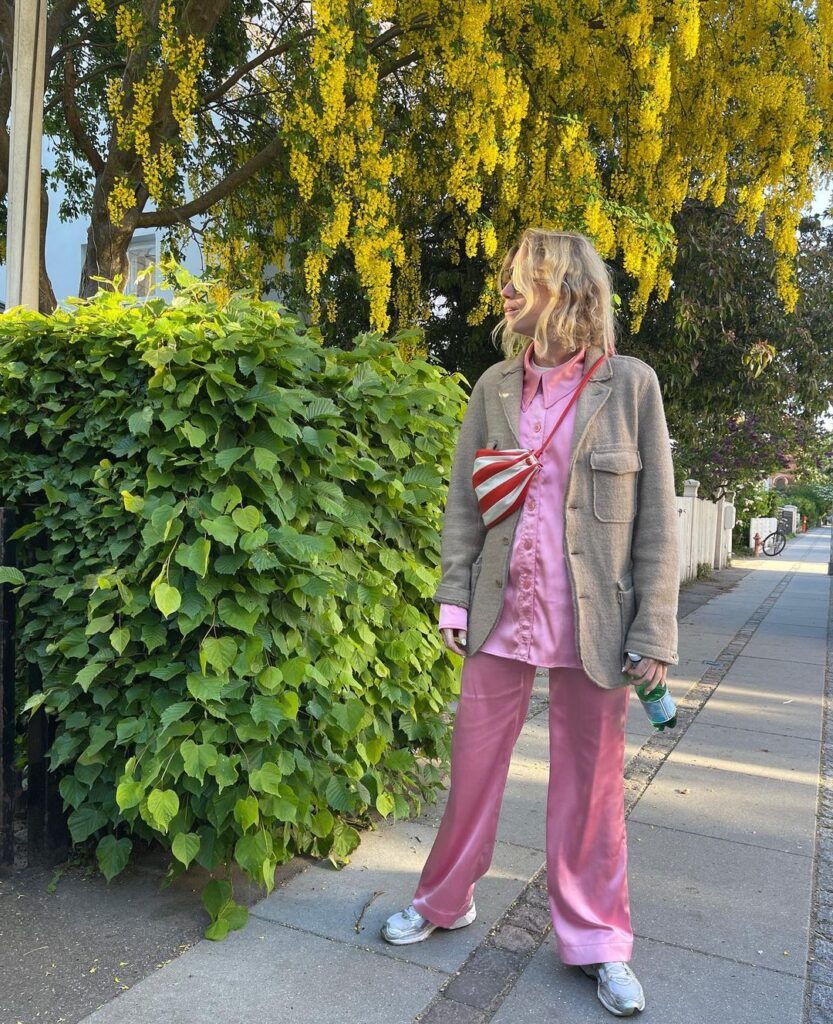 Monochromatic Comfort: Satin Trousers and Textured Jacket — Vintage Outfits