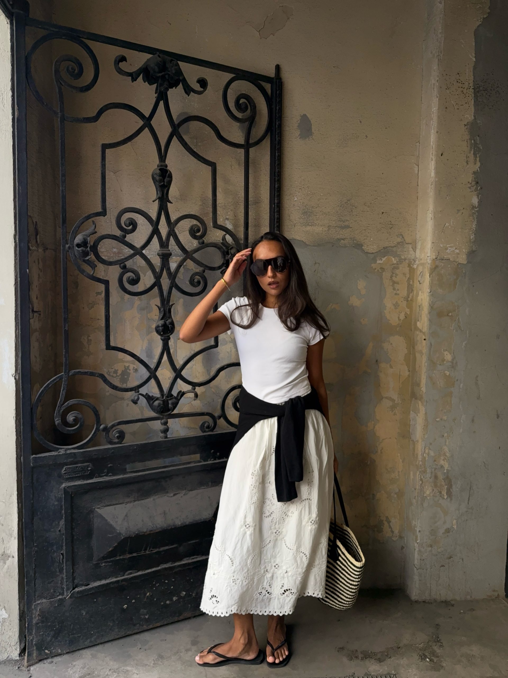 Monochromatic Ease: Eyelet Maxi Skirt and Cotton Tee — Vintage Outfits