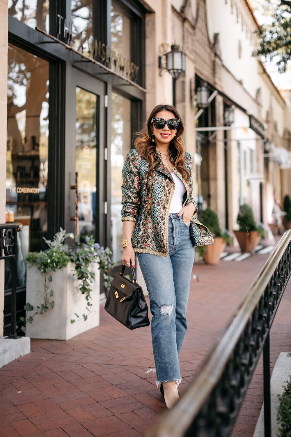 Glamorous Casual: Embellished Jacket and Distressed Denim — Vintage Outfits