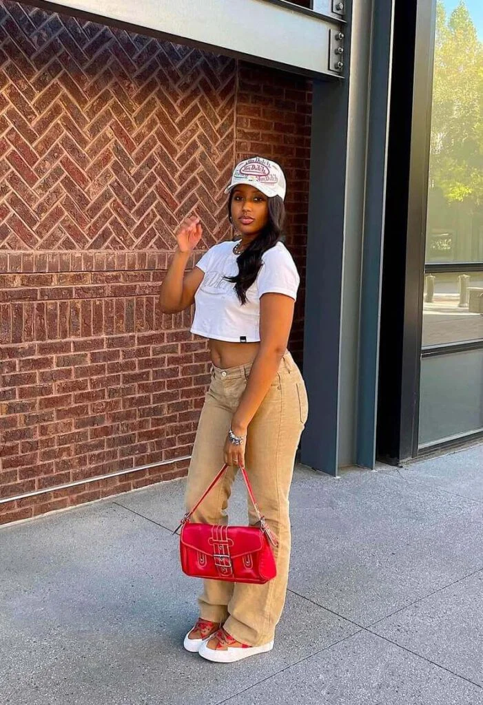 Streetwear Chic: Corduroy Trousers and Bold Red Bag — Vintage Outfits