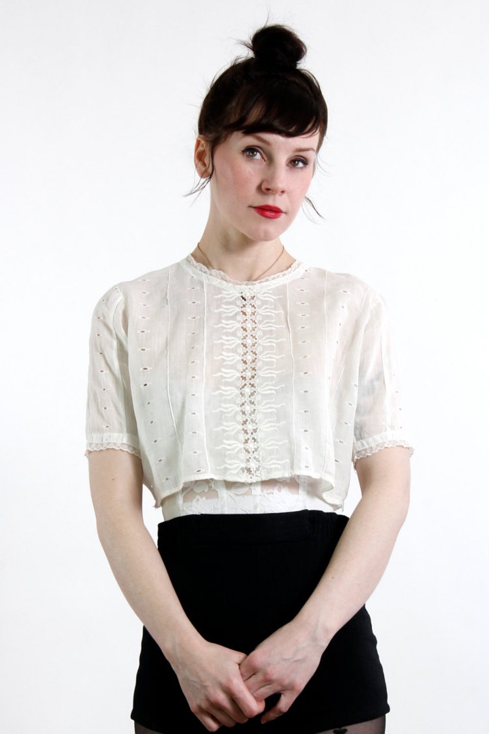 Delicate Details: Eyelet Blouse and Fitted Black Skirt — Vintage Outfits