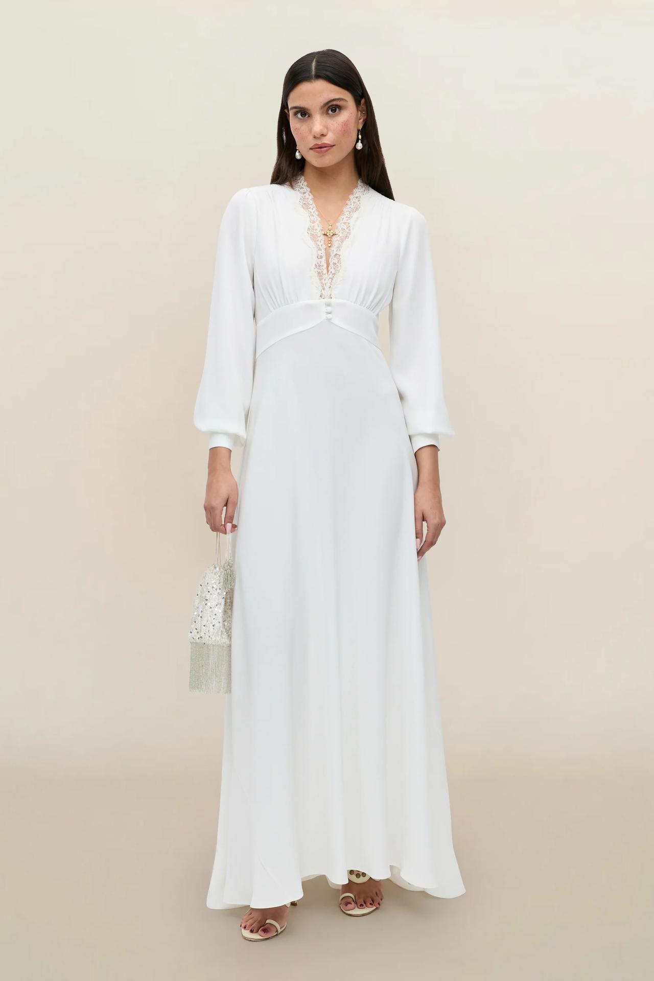 Ivory Crepe Maxi Dress with Lace Trim and Sequined Bag — Old Hollywood Outfits