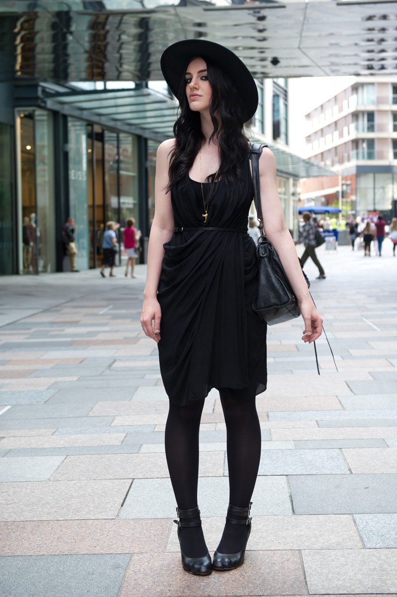 Draped Black Dress with Wide-Brimmed Hat for Statement Style — Goth Outfits