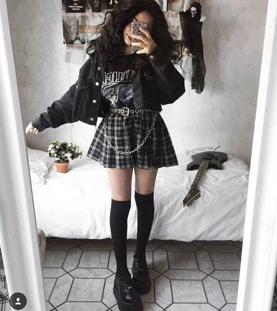 Concert Ready: Denim Jacket, Plaid Skirt, and Loafers — Emo Outfits