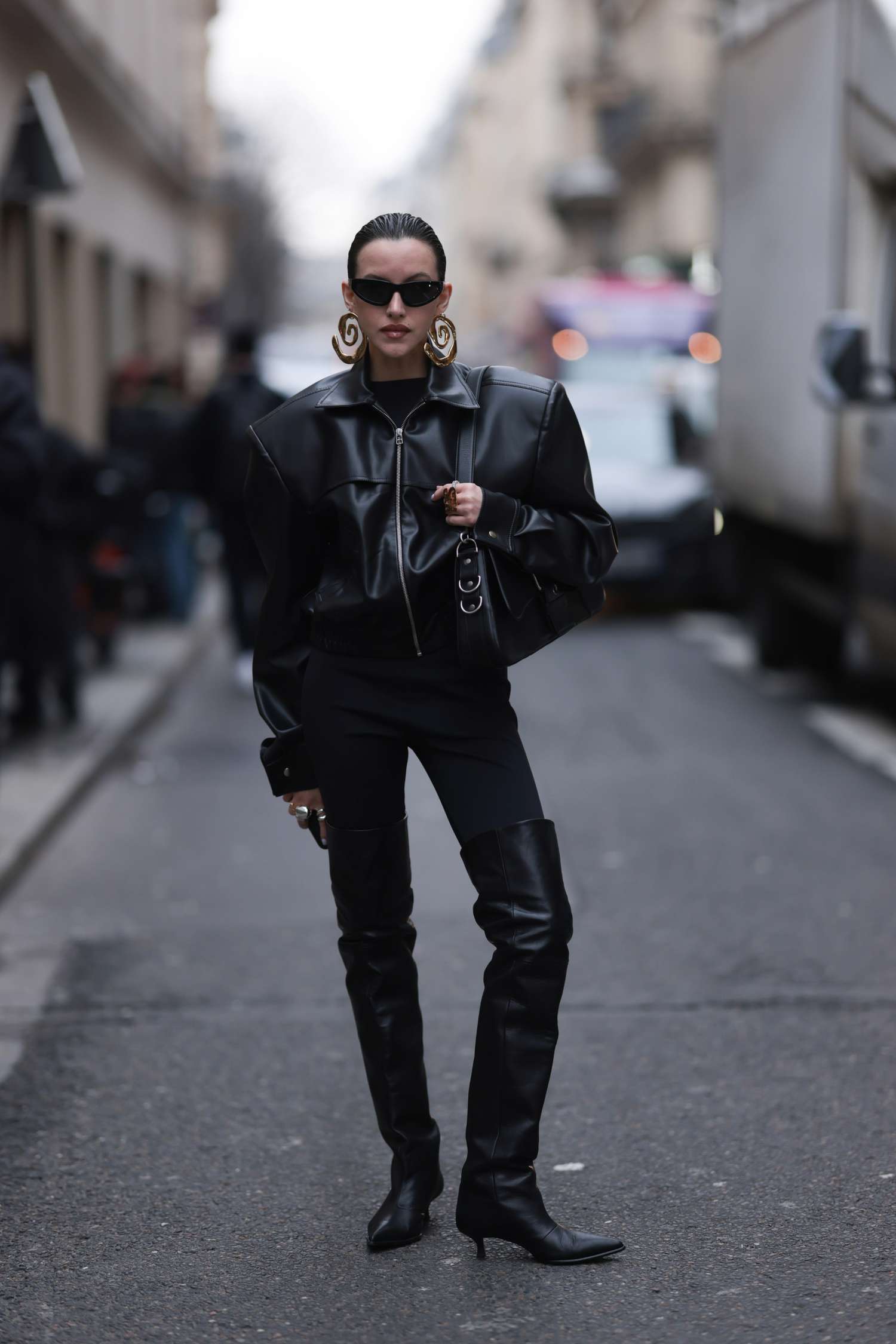 Sleek Edge: Leather Bomber, Fitted Trousers, and Kitten Heels — Emo Outfits