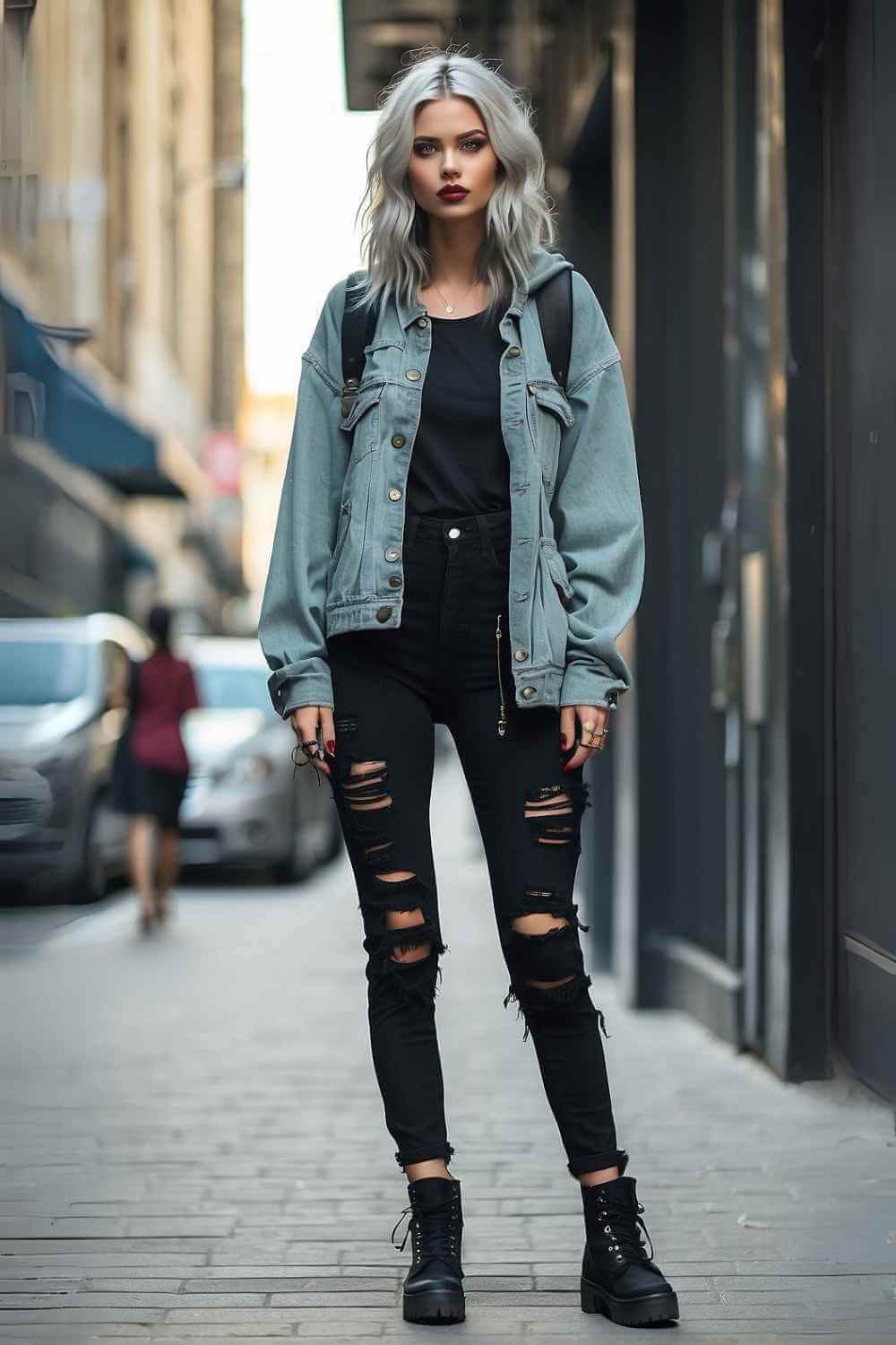 Ripped Skinny Jeans Paired with an Oversized Denim Jacket — Alt Outfits