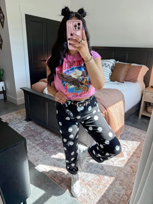 Pink Graphic Tee with Polka Dot Wide-Leg Pants — Alt Outfits