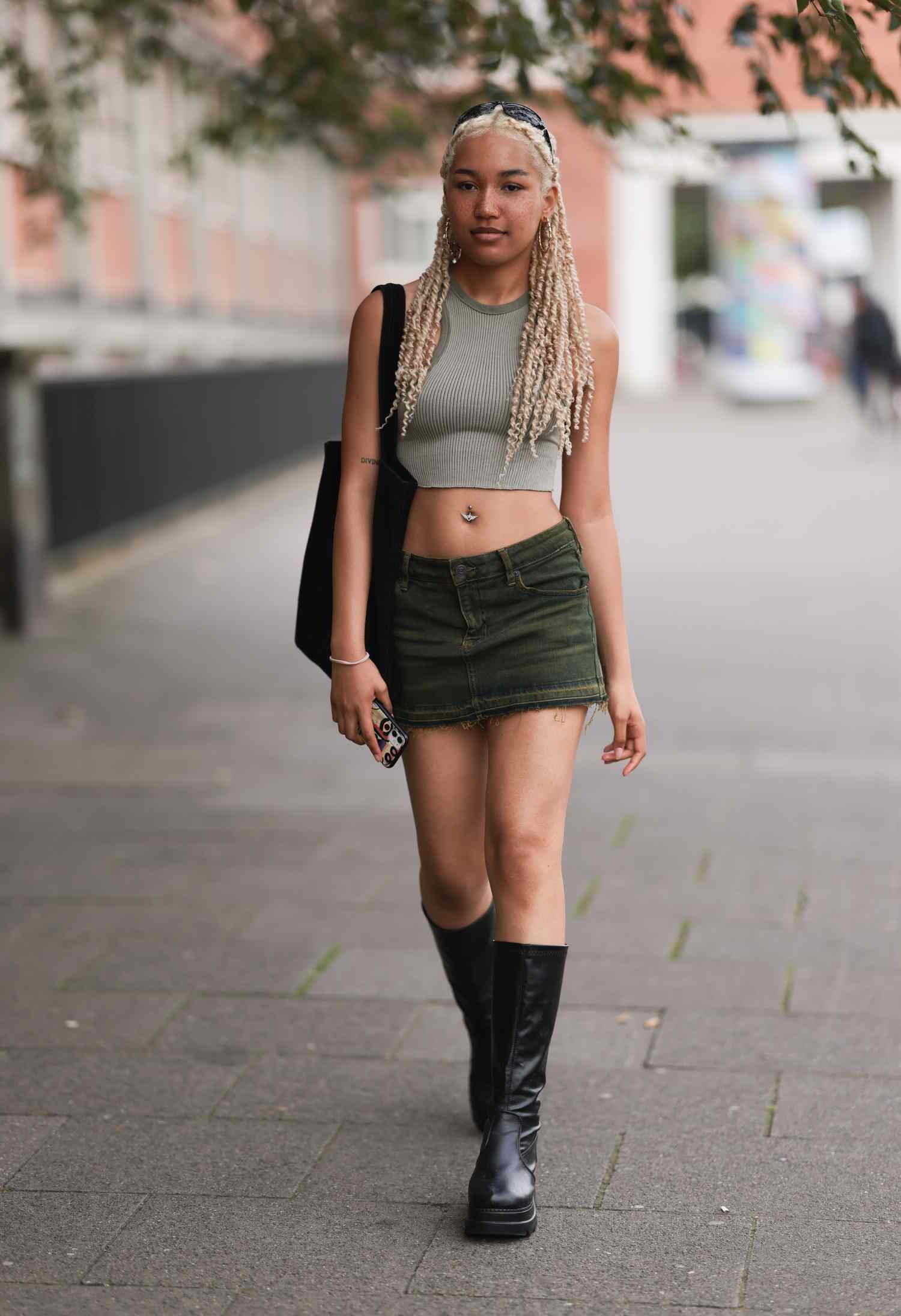 Ribbed Crop Top with Green Denim Mini Skirt and Knee-High Boots Ribbed Crop Top with Green Denim Mini Skirt and Knee-High Boots — Indie Outfits