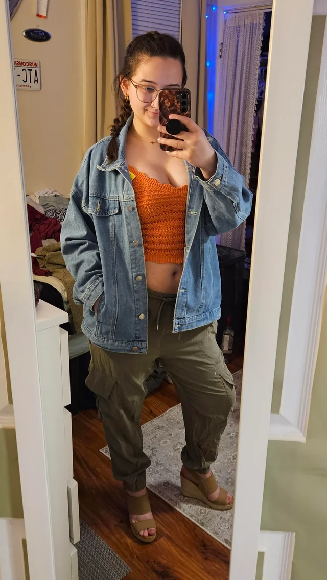 Oversized Denim Jacket with Crochet Top and Cargo Pants Oversized Denim Jacket with Crochet Top and Cargo Pants — Indie Outfits