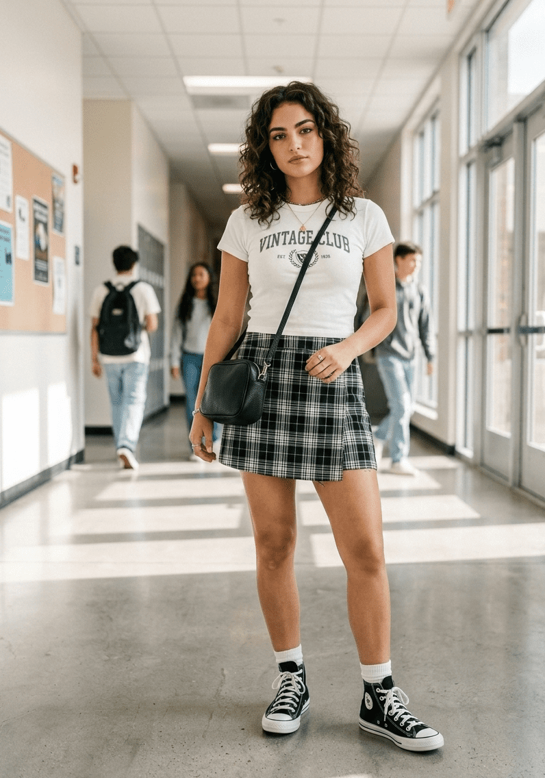 Plaid Mini Skirt and Graphic Tee: A Classic Skater Combination Plaid Mini Skirt and Graphic Tee: A Classic Skater Combination — Skater Outfits