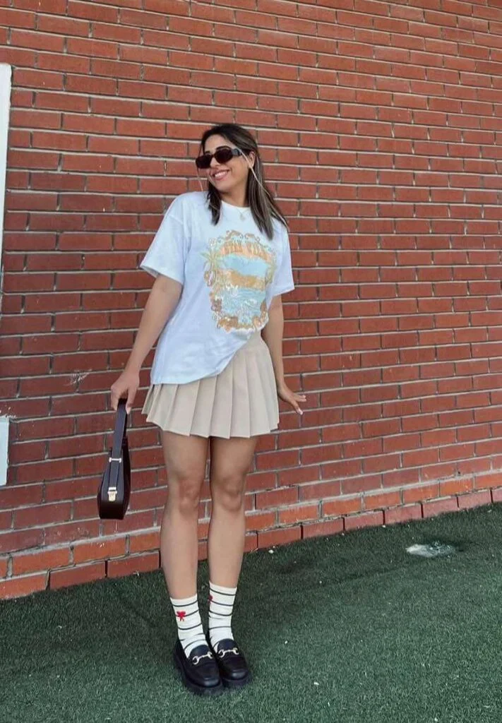 Graphic T-Shirt with Pleated Mini Skirt and Loafers Graphic T-Shirt with Pleated Mini Skirt and Loafers — Skater Outfits