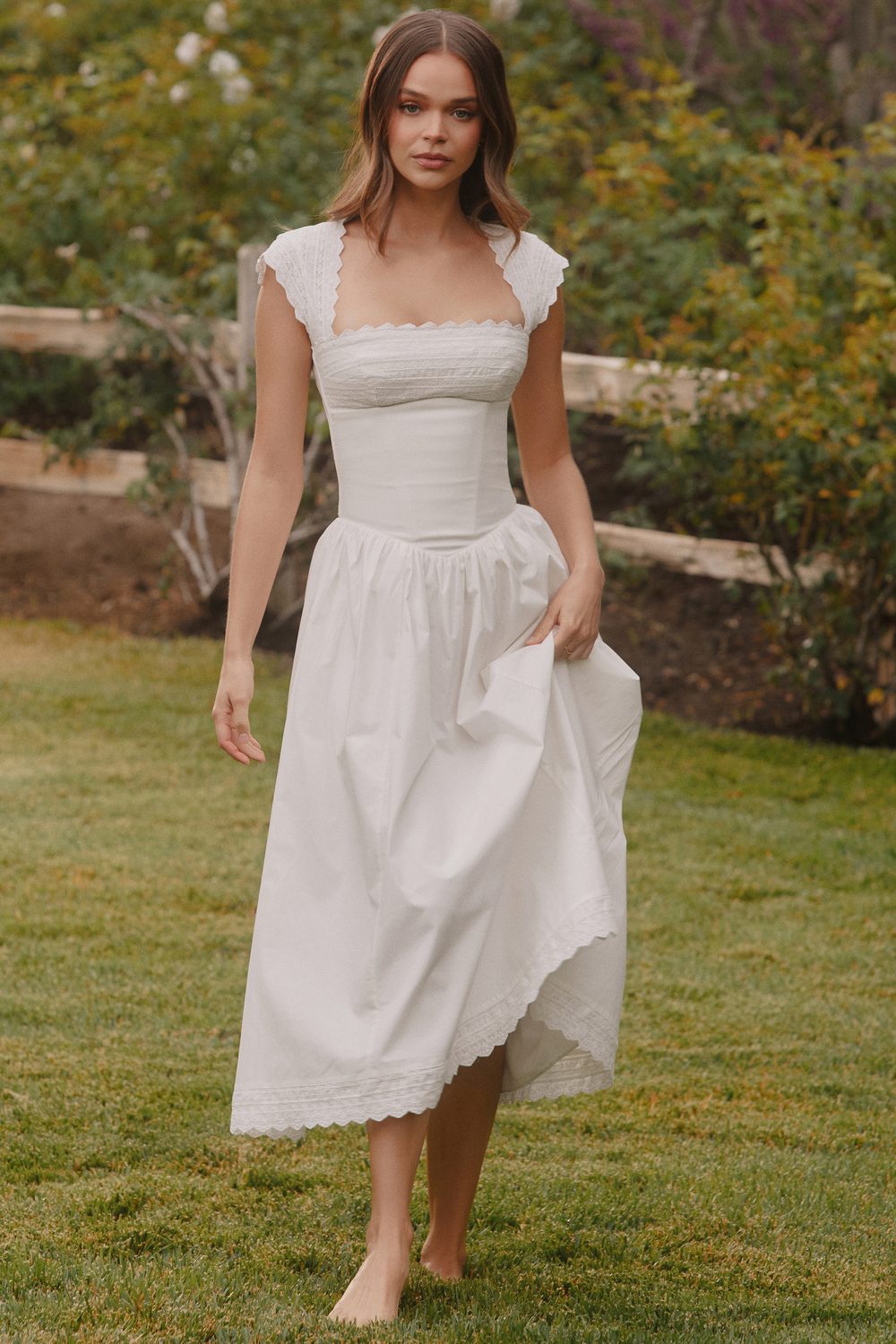 White Lace-Trimmed Midi Dress with Square Neckline — Cottagecore Outfits