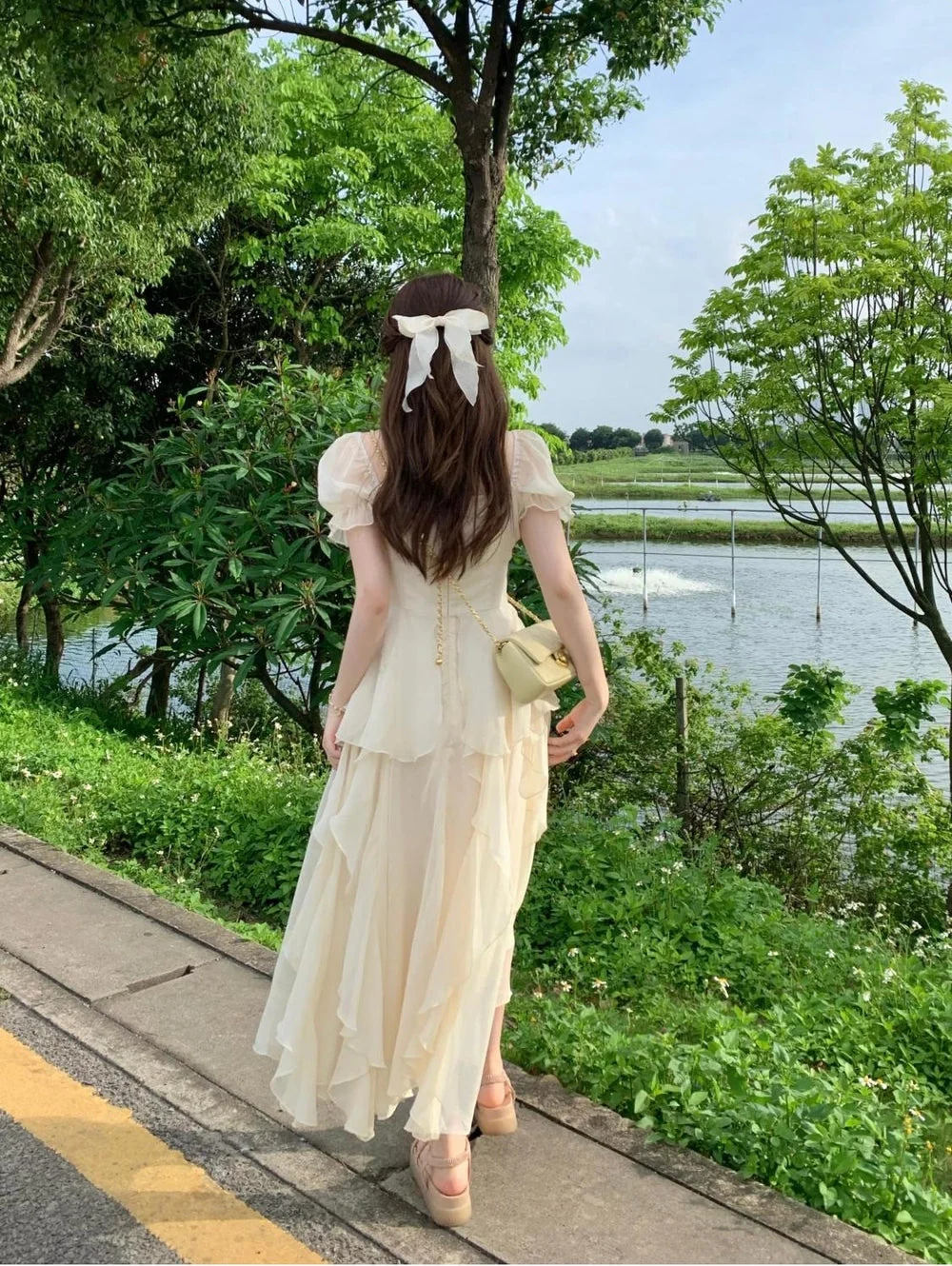 Cream Tiered Dress with Ruffles and Crossbody Bag — Fairycore Outfits