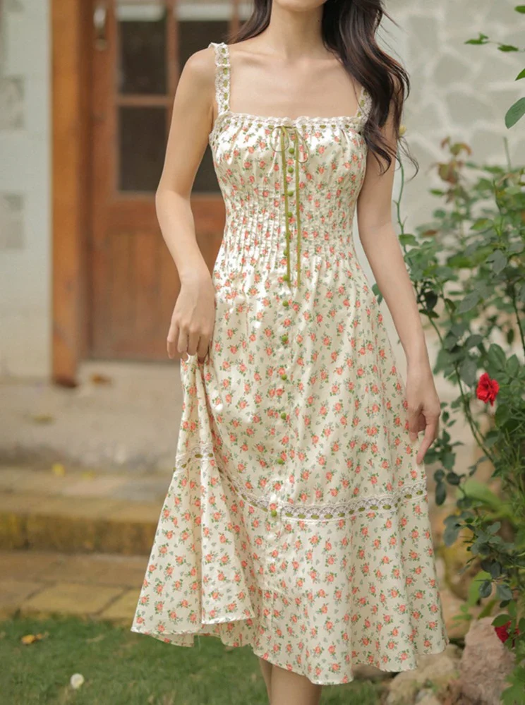 Floral Print Spaghetti Strap Dress with Smocked Bodice — Fairycore Outfits