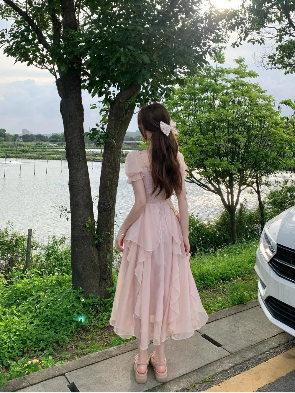 Blush Pink Chiffon Midi Dress for Garden Parties — Fairycore Outfits