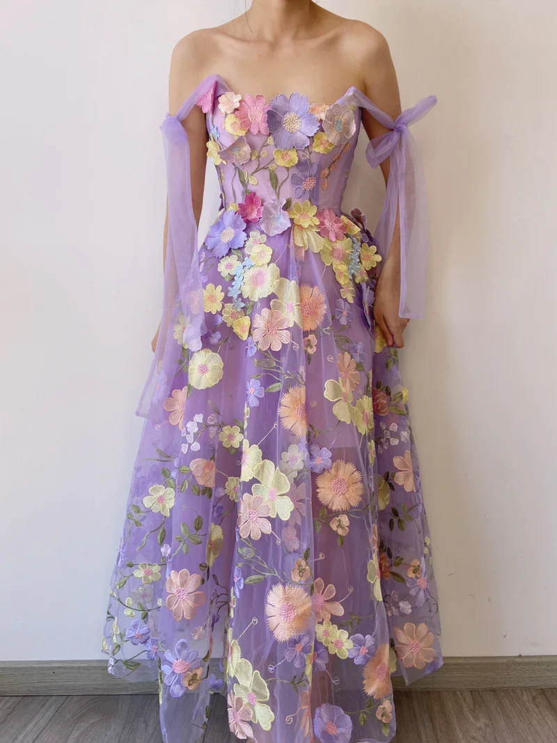 Lavender Tulle Gown with 3D Floral Appliqués — Fairycore Outfits