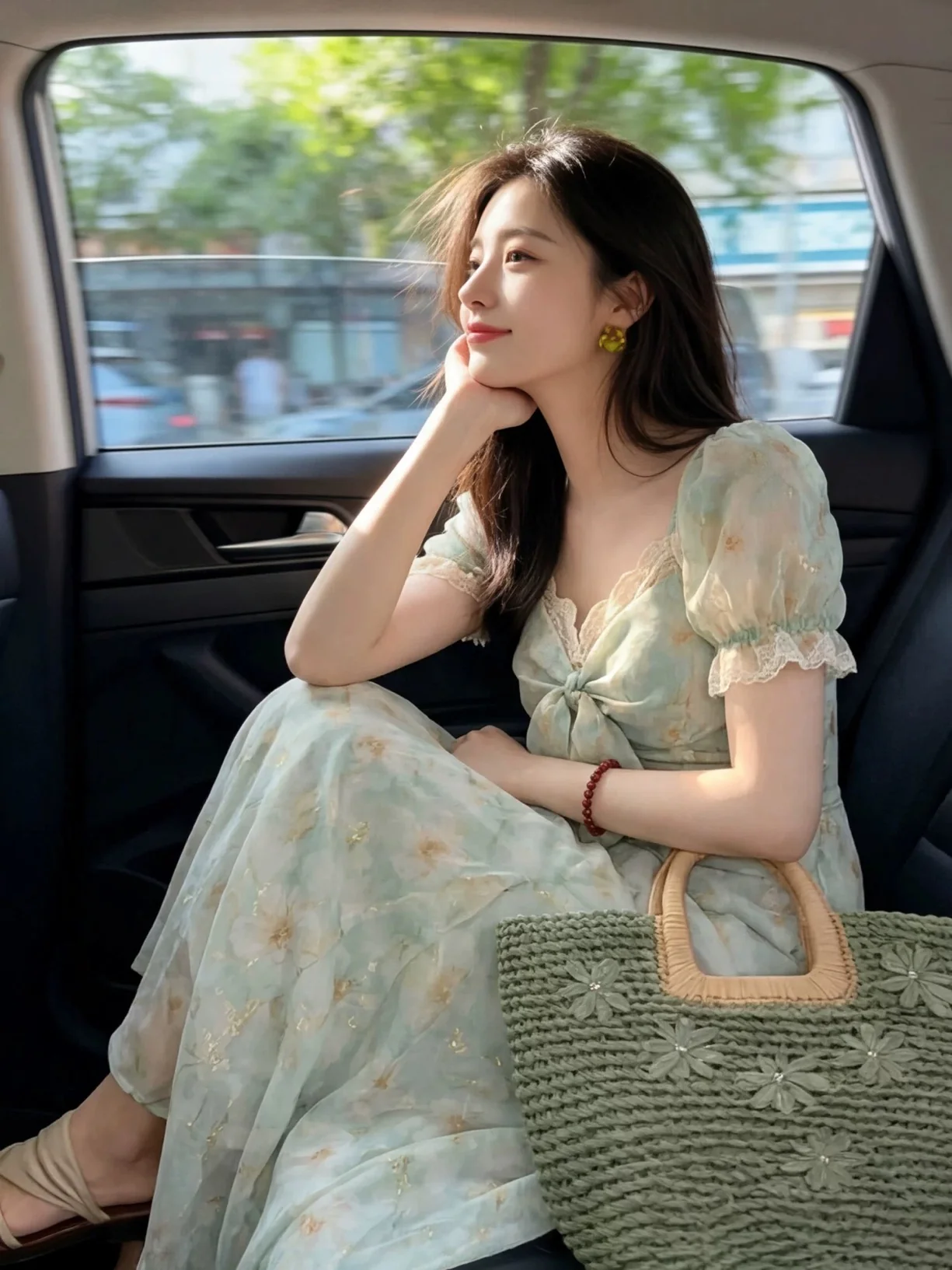 Mint Green Puff-Sleeve Dress with Floral Accents — Fairycore Outfits