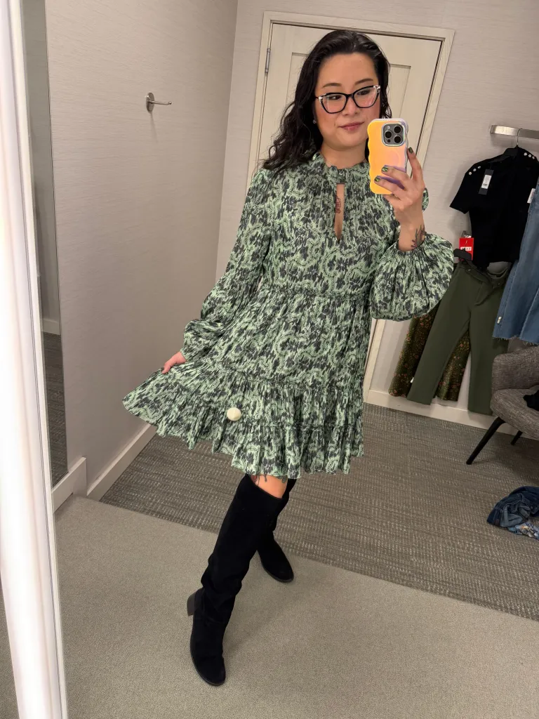 Sage Green Abstract Print Mini Dress with Knee-High Boots — Fairycore Outfits
