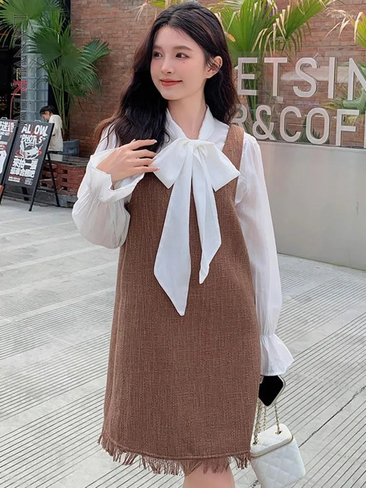 Tweed Pinafore Dress with Voluminous Bow Blouse Tweed Pinafore Dress with Voluminous Bow Blouse — Korean Outfits
