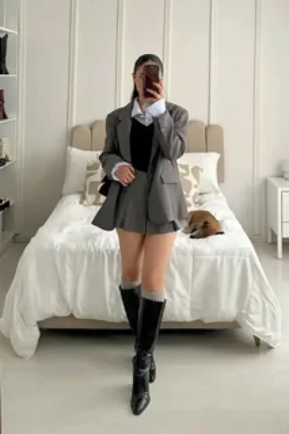 Oversized Grey Blazer with Pleated Mini Skirt and Knee-High Boots — Light Academia Outfits