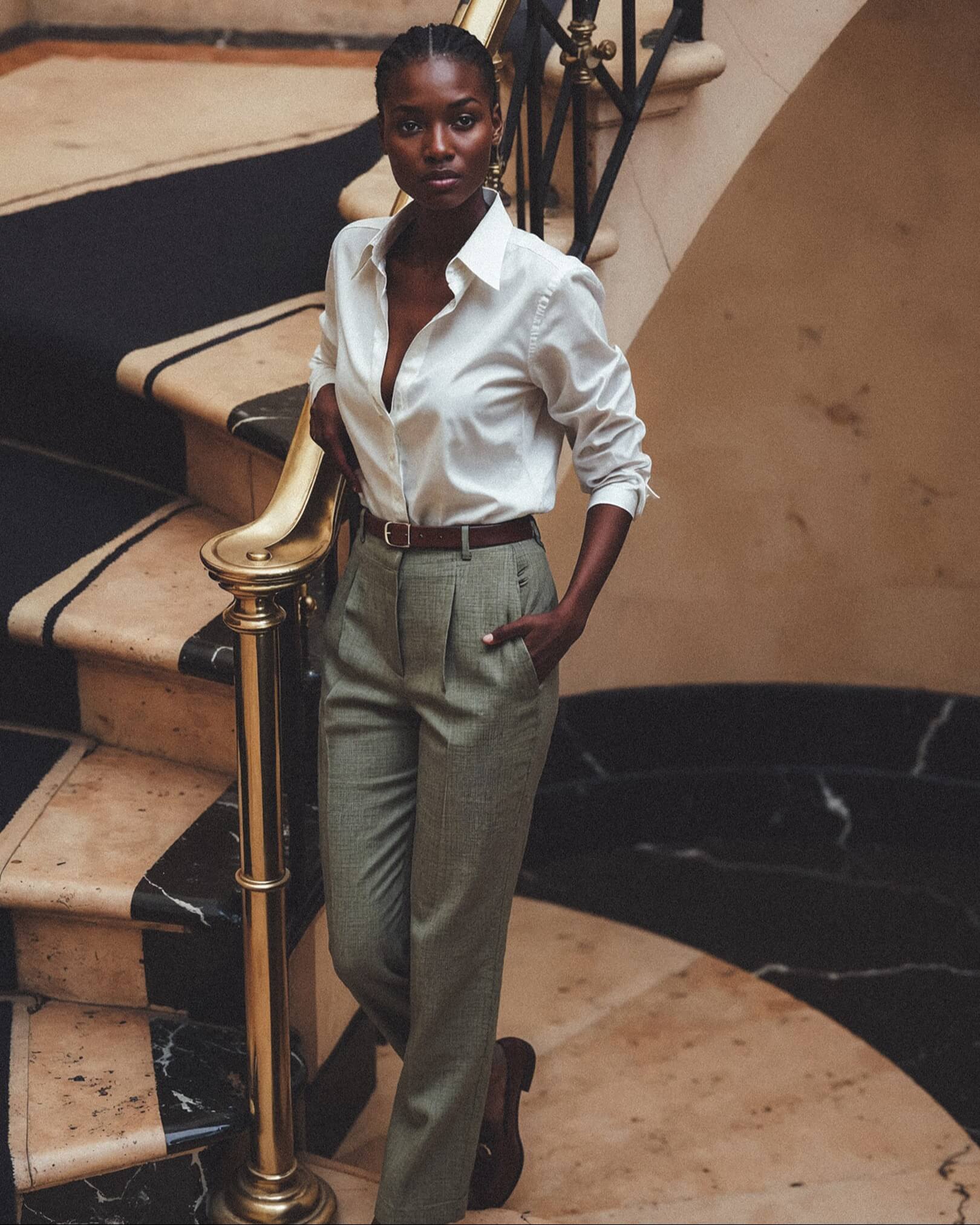 Crisp White Silk Blouse with Grey Tweed Trousers — Light Academia Outfits