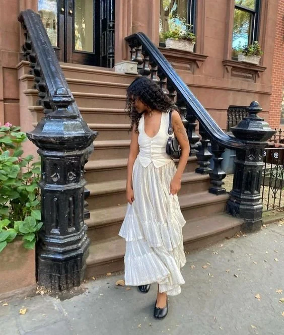 Chic White Waistcoat and Tiered Skirt for Daytime Elegance Chic White Waistcoat and Tiered Skirt for Daytime Elegance — Balletcore Outfits