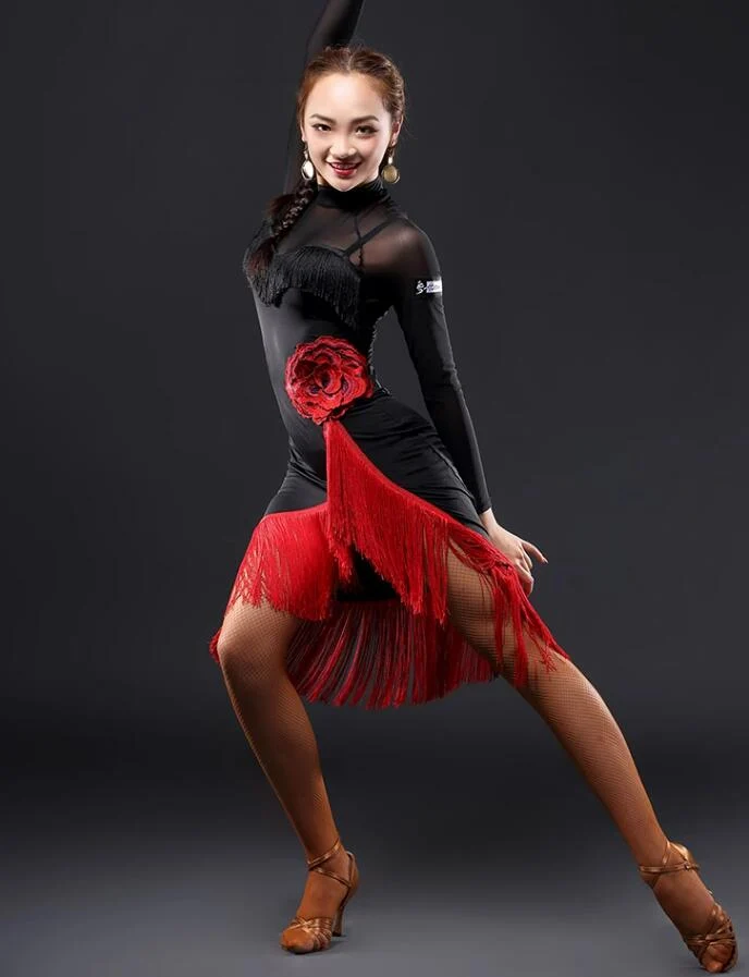 Black Leotard with Red Fringe Skirt for Latin Dance Black Leotard with Red Fringe Skirt for Latin Dance — Dance Outfits