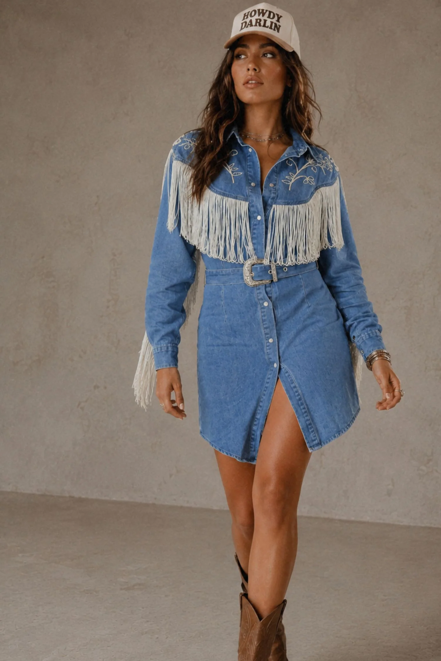 Fringed Denim Shirt Dress with Western Flair Fringed Denim Shirt Dress with Western Flair — Festival Outfits
