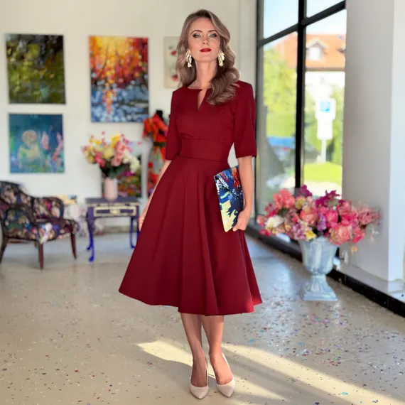 Sophisticated Deep Red Crepe Fit-and-Flare Midi Dress Sophisticated Deep Red Crepe Fit-and-Flare Midi Dress — 50th Birthday Outfits