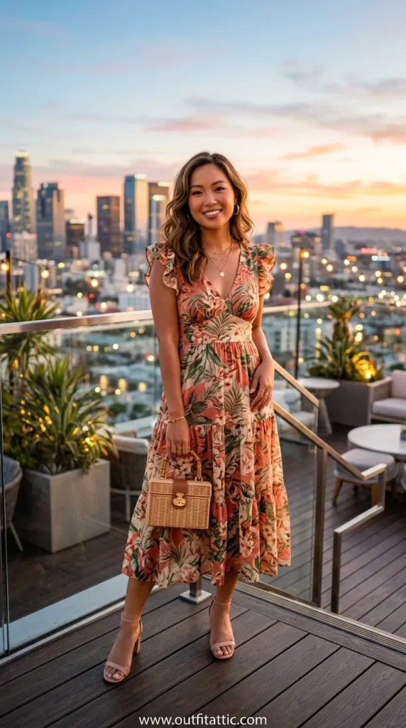 Coral Floral Midi Dress with Ruffled Sleeves for a Summer Dinner Coral Floral Midi Dress with Ruffled Sleeves for a Summer Dinner — Dinner Outfits