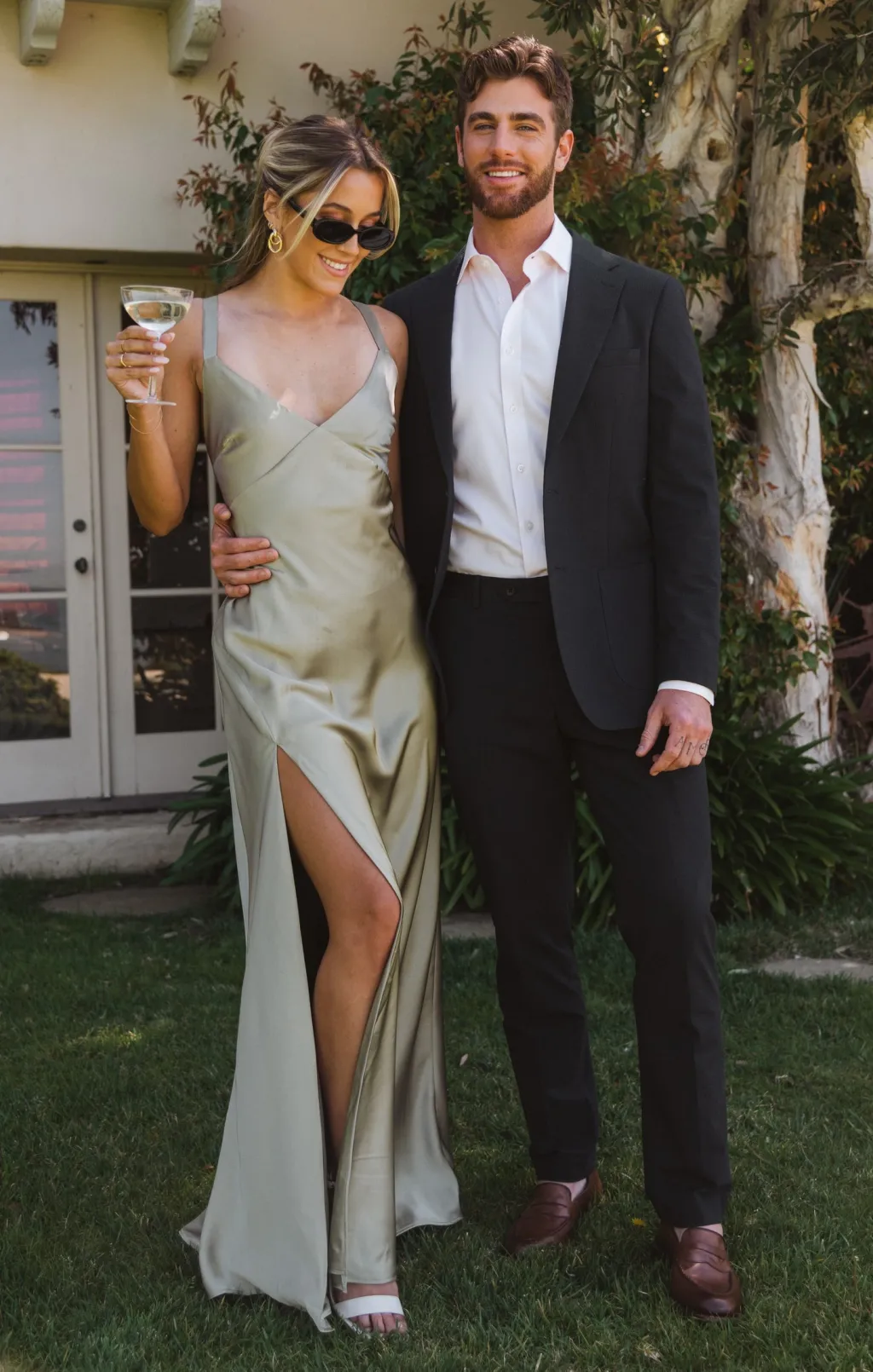 Sage Green Satin Slip Dress Paired with a Suit for an Evening Event Sage Green Satin Slip Dress Paired with a Suit for an Evening Event — Dinner Outfits