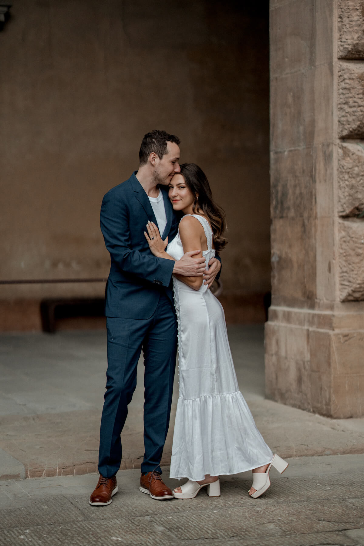 Sophisticated Engagement: Navy Suit and Satin Column Dress Sophisticated Engagement: Navy Suit and Satin Column Dress — Engagement Photo Outfits