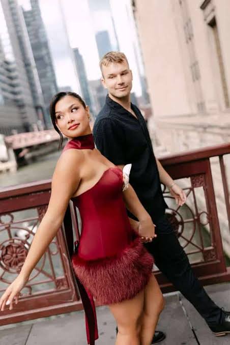 Dramatic Evening Engagement: Satin Dress with Fur Trim Dramatic Evening Engagement: Satin Dress with Fur Trim — Engagement Photo Outfits