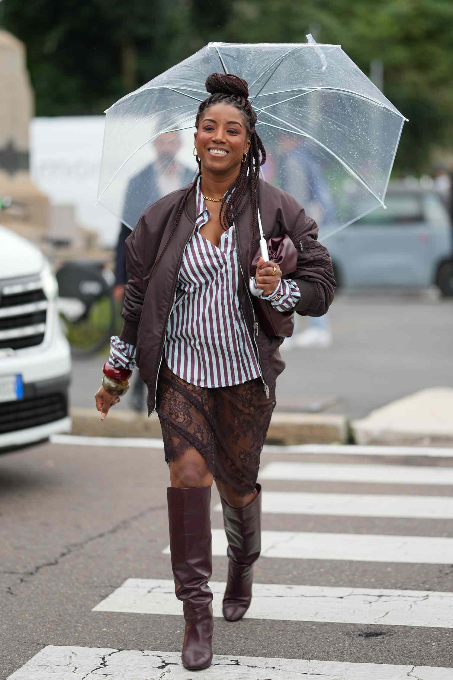 Edgy Mix of Satin Bomber, Stripes, and Lace for Picture Day Edgy Mix of Satin Bomber, Stripes, and Lace for Picture Day — Picture Day Outfits