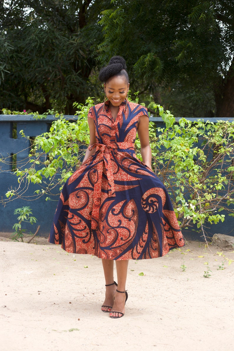 Navy and Orange Print Midi Dress with Tie Waist for Church Navy and Orange Print Midi Dress with Tie Waist for Church — Church Outfits