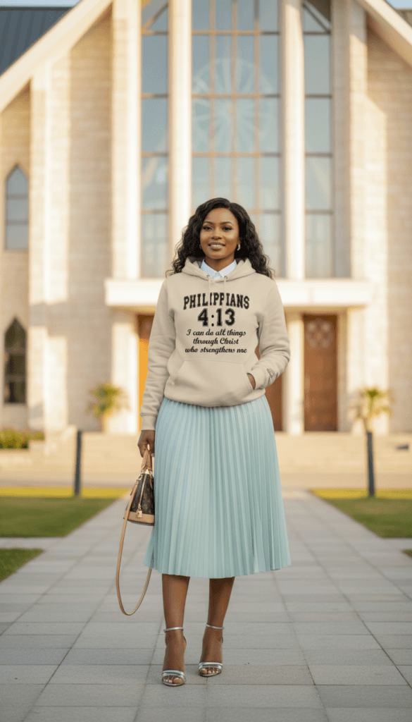 Hooded Sweatshirt Over Collared Shirt with Pleated Skirt for Church Hooded Sweatshirt Over Collared Shirt with Pleated Skirt for Church — Church Outfits
