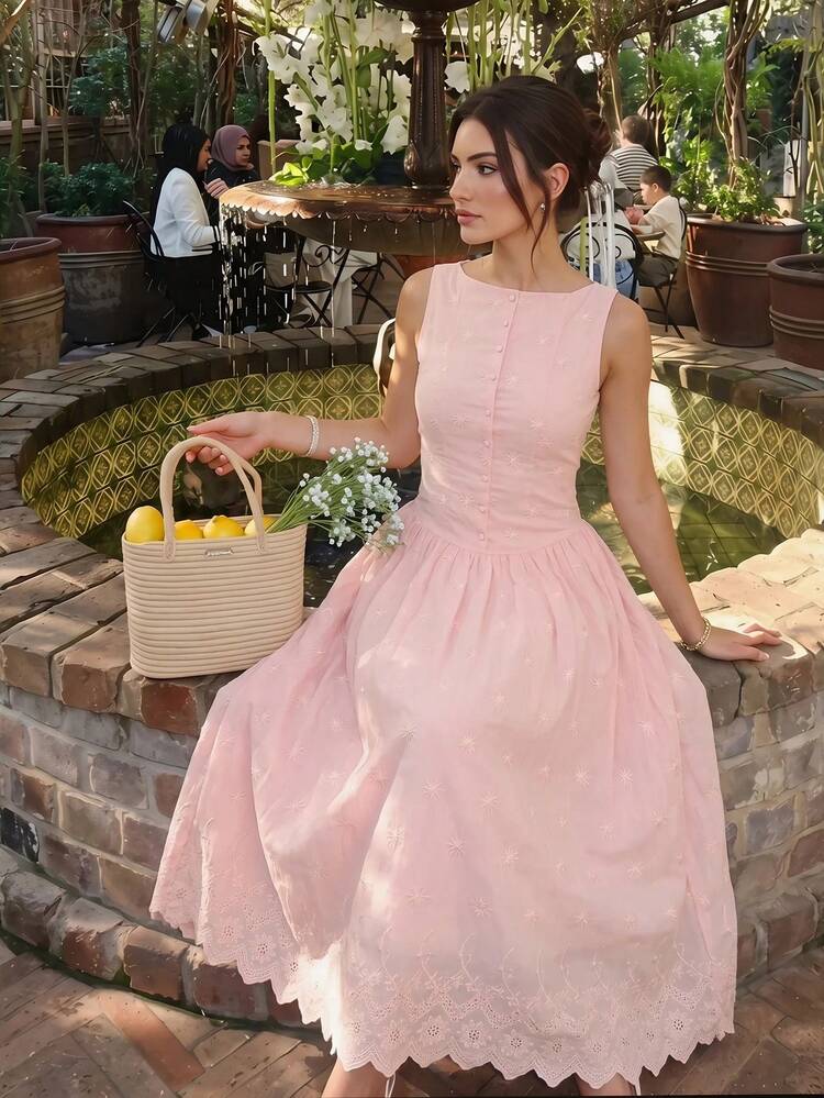 Pale Pink Eyelet Lace Midi Dress with Scalloped Hem — Tea Party Outfits