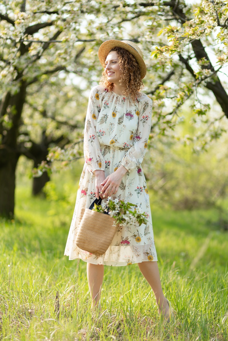 Long Sleeve Floral Print Dress with Straw Hat for Spring Tea Parties — Tea Party Outfits