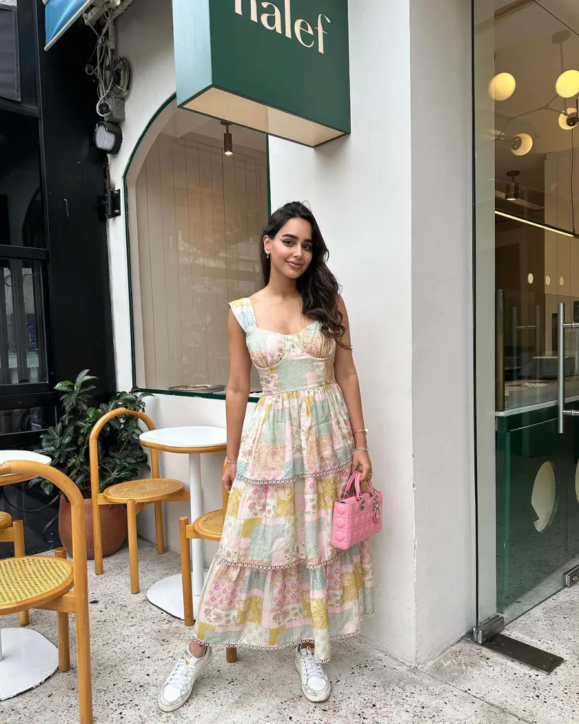 Pastel Patchwork Tiered Maxi Dress with Pink Handbag — Tea Party Outfits