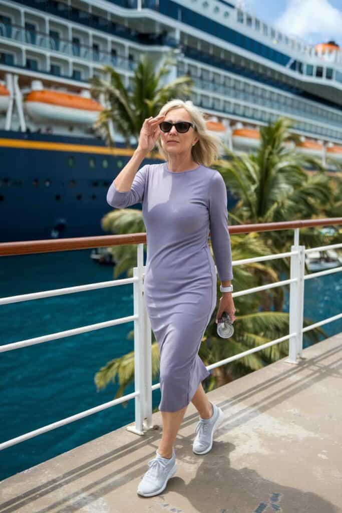 Fitted Midi Dress with Sneakers for Comfortable Cruise Travel Fitted Midi Dress with Sneakers for Comfortable Cruise Travel — Cruise Outfits