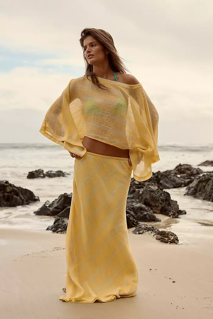 Beachy Cover-Up: Yellow Striped Sheer Linen Blend Beachy Cover-Up: Yellow Striped Sheer Linen Blend — Honeymoon Outfits