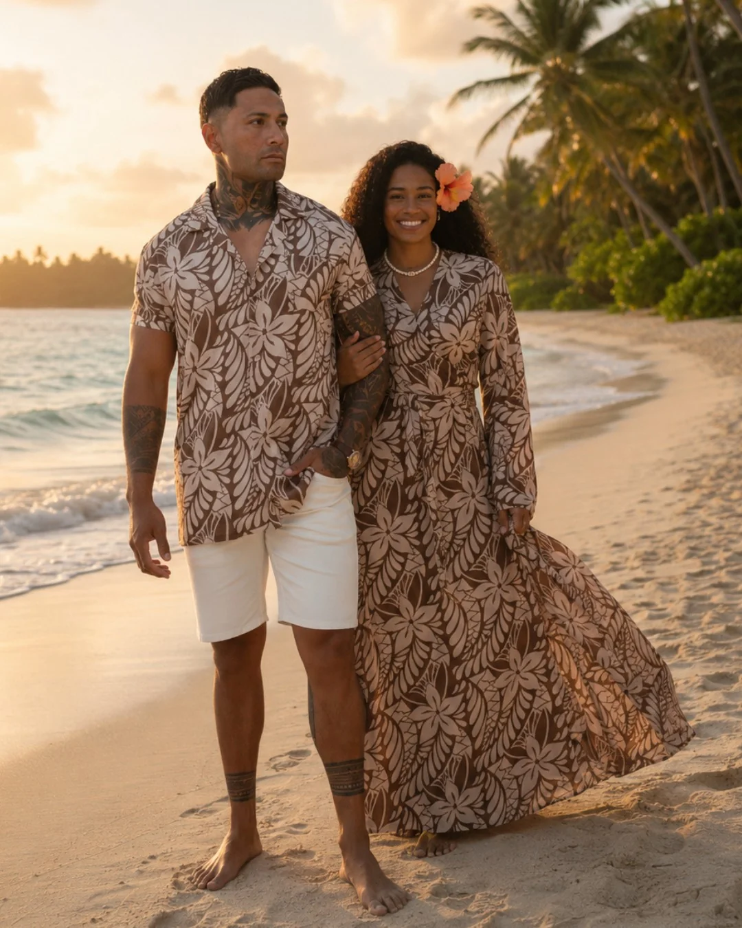 Matching Tropical Honeymoon: Brown and Cream Floral Wrap Dress Matching Tropical Honeymoon: Brown and Cream Floral Wrap Dress — Honeymoon Outfits