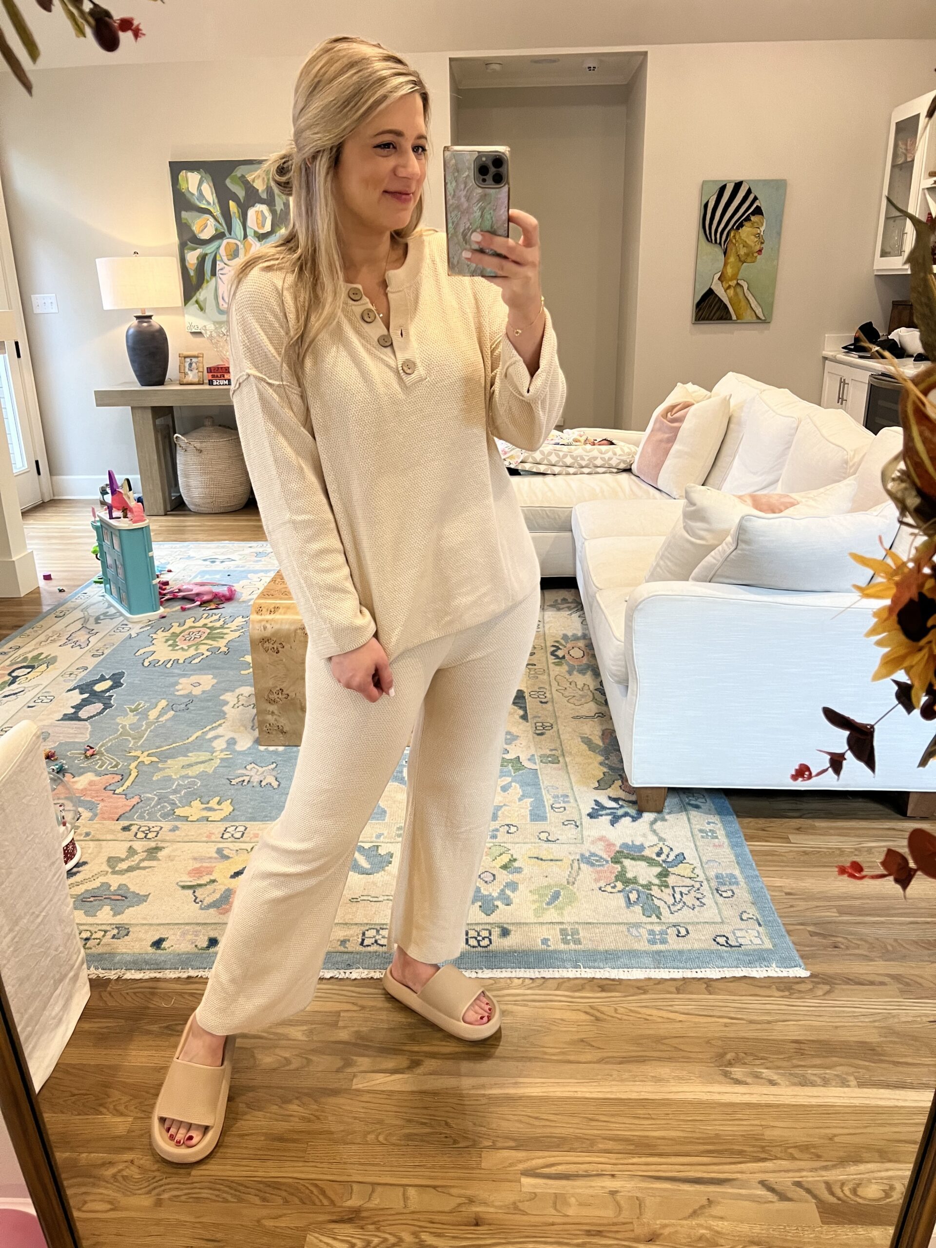 Matching Beige Knit Set with Slides — Postpartum Outfits