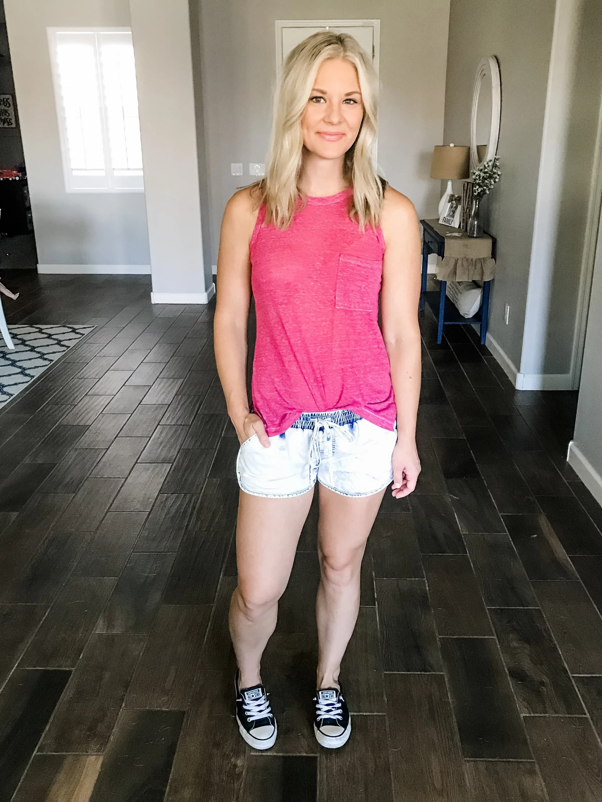 Bright Pink Jersey Top with Denim Shorts — Postpartum Outfits
