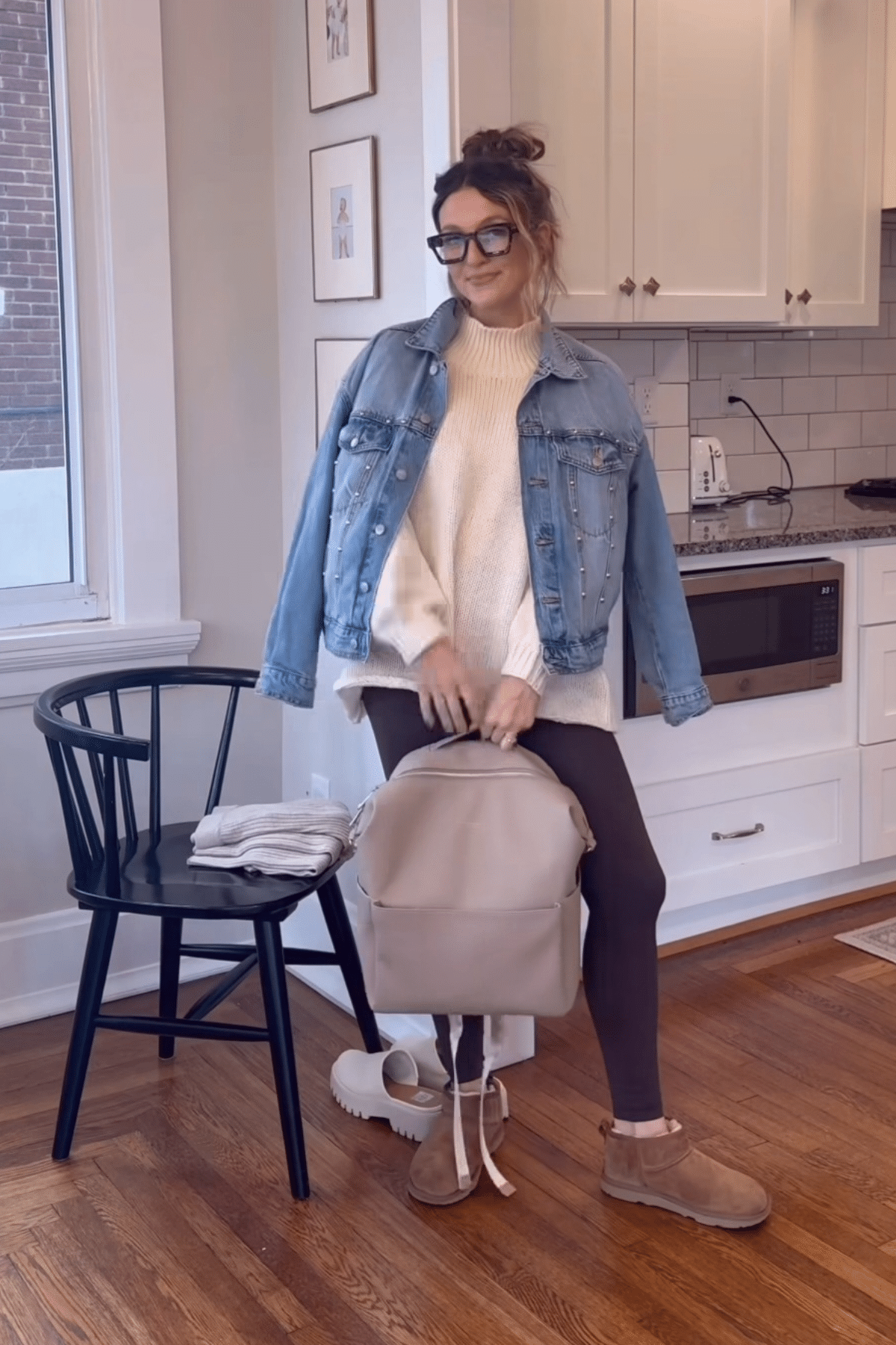 Denim Jacket Over Knit Sweater with Ugg-Style Boots — Postpartum Outfits